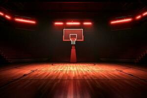 sfondo neon interno interno gioco leggero virtuale corridoio arena vuoto pallacanestro sala. generativo ai. foto