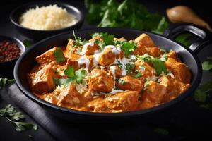 pollo tradizionale riso indiano masala salsa sfondo caldo asiatico buio ristorante. generativo ai. foto