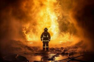 emergenza vigile del fuoco fuoco salvare attrezzatura sicurezza Fumo combattente pompiere uniforme. generativo ai. foto