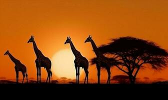 giraffa silhouette Africa natura safari selvaggio elefante tramonto animale animali selvatici. generativo ai. foto