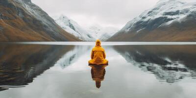 capo uomo acqua viaggio natura lago concetto indietro montagna escursioni a piedi giallo. generativo ai. foto