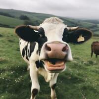 pascolo Sorridi bestiame ritratto mucca campo rurale testa avvicinamento animale. generativo ai. foto