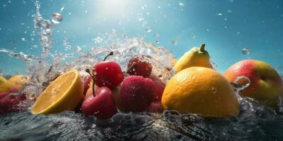 sfondo spruzzi frutta vitamina verde fragola salutare cibo fresco far cadere acqua. generativo ai. foto