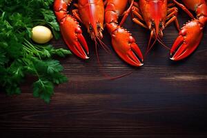 artiglio cibo bollito sfondo Gambero aragosta cucinato preparato rosso gamberi frutti di mare. generativo ai. foto