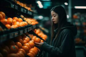 donna drogheria memorizzare mercato cibo salutare verdura frutta notte Salute acquisti. generativo ai. foto