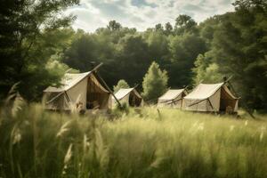 leggero campeggio tenda glamping foresta vacanza tela lusso natura viaggio. generativo ai. foto
