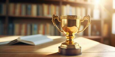 trofeo campione premio biblioteca bokeh celebrazione oro concorrenza premio tazza. generativo ai. foto