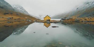 uomo escursioni a piedi viaggio capo lago stile di vita acqua montagna giallo indietro natura. generativo ai. foto