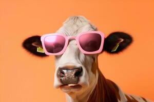testa ritratto personaggio mucca occhiali da sole carino divertente animale colorato viso. generativo ai. foto