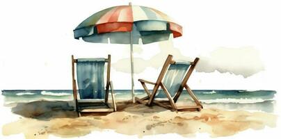 riposo soleggiato acquerello estate ombrello ricorrere rilassare sfondo sedia vacanza spiaggia. generativo ai. foto