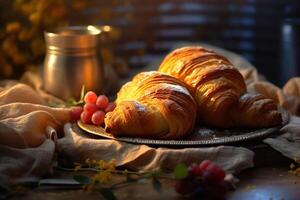 mattina sfondo bevanda forno sfondo prima colazione cibo tavolo bianca tazza bokeh brioche. generativo ai. foto