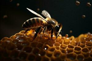ape insetto volante avvicinamento oro polline sfondo macro giallo miele natura. generativo ai. foto