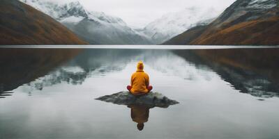 indietro uomo viaggio capo montagna natura escursioni a piedi giallo escursionista lago acqua. generativo ai. foto