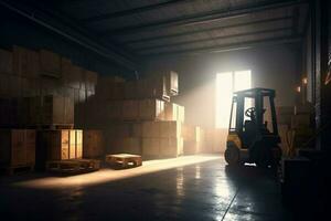 consegna Conservazione magazzino distribuzione sole scatola carrello elevatore a forca carico mezzi di trasporto logistico. generativo ai. foto