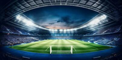 gioco calcio calcio leggero arena obbiettivo stadio verde mondo sport. generativo ai. foto