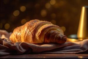 bokeh brioche sfondo mattina forno bevanda cibo prima colazione Francia sfondo tazza tavolo. generativo ai. foto