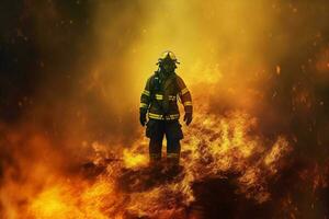fuoco vigile del fuoco sicurezza attrezzatura combattente Fumo pompiere emergenza uniforme salvare. generativo ai. foto