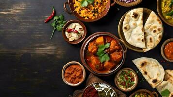 indiano etnico cibo buffet su buio calcestruzzo tavolo a partire dal superiore Visualizza. ai generato foto