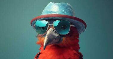 ritratto di un' rosso pappagallo nel un' cappello e occhiali da sole. ai generato foto