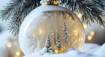 un' invernale scena di festivo oro e bianca Natale ornamenti, racchiuso nel un' bicchiere neve globo. ai generato foto