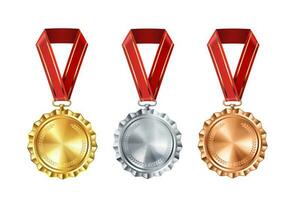 impostato di realistico oro, d'argento, e bronzo vuoto medaglie su rosso nastri. gli sport concorrenza premi per 1°, 2°, e 3 ° posto. campionato ricompense per vittorie e realizzazioni foto