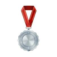realistico argento vuoto medaglia su rosso nastro. gli sport concorrenza premi per secondo posto. campionato ricompensa per vittorie e realizzazioni foto