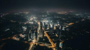 travolgente aereo Visualizza di un' vivace paesaggio urbano a notte, con ipnotizzante movimento sfocatura effetto. scintillio luci, vivace strade, e un elettrizzante vita notturna atmosfera. generativo ai. foto