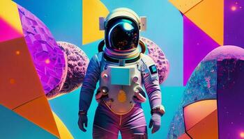 illustrazione di astronauta in piedi tra colorato geometrico 3d generativo ai foto