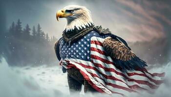 Calvo aquila indossare americano soldato uniforme con americano bandiera sfondo generativo ai foto
