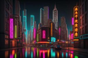 ai generativo Immagine, un' realistico immaginare moderno città neon effetto foto