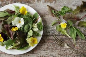 mix di insalata con fiori su un piatto bianco foto