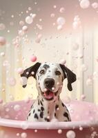 carino dalmata cane nel un' piccolo vasca da bagno con sapone schiuma e bolle, carino pastello colori, generativo ai. foto