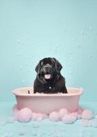 carino Terranova cane nel un' piccolo vasca da bagno con sapone schiuma e bolle, carino pastello colori, generativo ai. foto