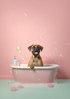 carino bullmastiff cane nel un' piccolo vasca da bagno con sapone schiuma e bolle, carino pastello colori, generativo ai. foto
