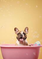 carino francese bulldog cane nel un' piccolo vasca da bagno con sapone schiuma e bolle, carino pastello colori, generativo ai. foto