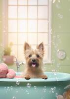 carino tumulo terrier cane nel un' piccolo vasca da bagno con sapone schiuma e bolle, carino pastello colori, generativo ai. foto