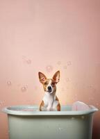 carino basenji cane nel un' piccolo vasca da bagno con sapone schiuma e bolle, carino pastello colori, generativo ai. foto