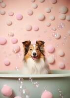carino Shetland cane da pastore cane nel un' piccolo vasca da bagno con sapone schiuma e bolle, carino pastello colori, generativo ai. foto