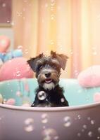 affenpinscher cane nel un' piccolo vasca da bagno con sapone schiuma e bolle, generativo ai. foto