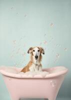 carino borzoi cane nel un' piccolo vasca da bagno con sapone schiuma e bolle, carino pastello colori, generativo ai. foto