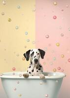 carino dalmata cane nel un' piccolo vasca da bagno con sapone schiuma e bolle, carino pastello colori, generativo ai. foto