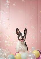 carino boston terrier cane nel un' piccolo vasca da bagno con sapone schiuma e bolle, carino pastello colori, generativo ai. foto