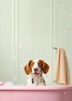 carino Bretagna spaniel cane nel un' piccolo vasca da bagno con sapone schiuma e bolle, carino pastello colori, generativo ai. foto