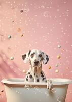 carino dalmata cane nel un' piccolo vasca da bagno con sapone schiuma e bolle, carino pastello colori, generativo ai. foto