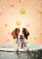 carino Bretagna spaniel cane nel un' piccolo vasca da bagno con sapone schiuma e bolle, carino pastello colori, generativo ai. foto