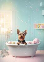 carino yorkshire terrier cane nel un' piccolo vasca da bagno con sapone schiuma e bolle, carino pastello colori, generativo ai. foto