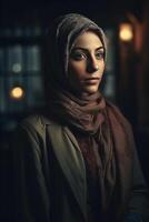 ai generato ritratto di un' musulmano donna indossare un' hijab foto