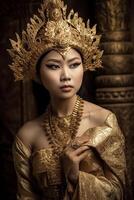 ai generato ritratto di asiatico donna nel un' d'oro accappatoio foto