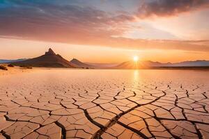 drammatico tramonto al di sopra di Cracked terra. deserto paesaggio sfondo. ai generato foto