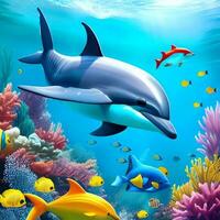 3d disegno illustrazione delfino con subacqueo colorato pesce e mare creature. generativo ai foto